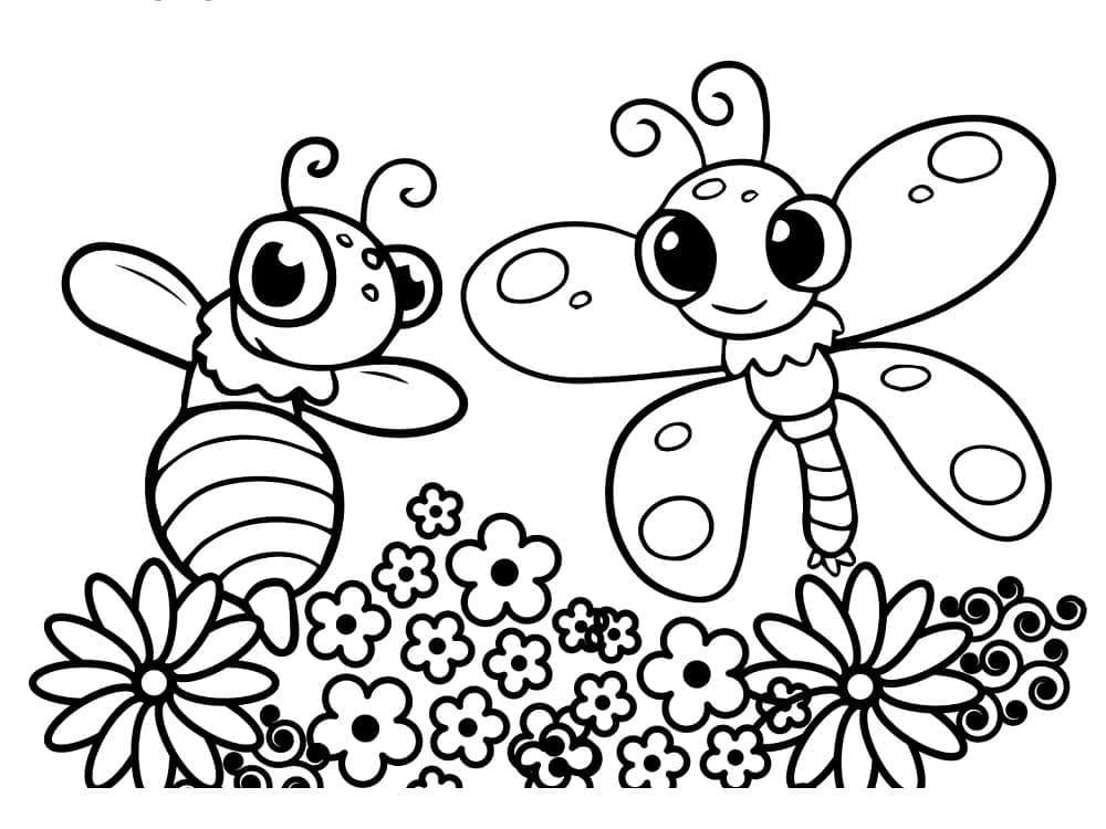 Desenho de Abelha e Borboleta Fofas para Colorir