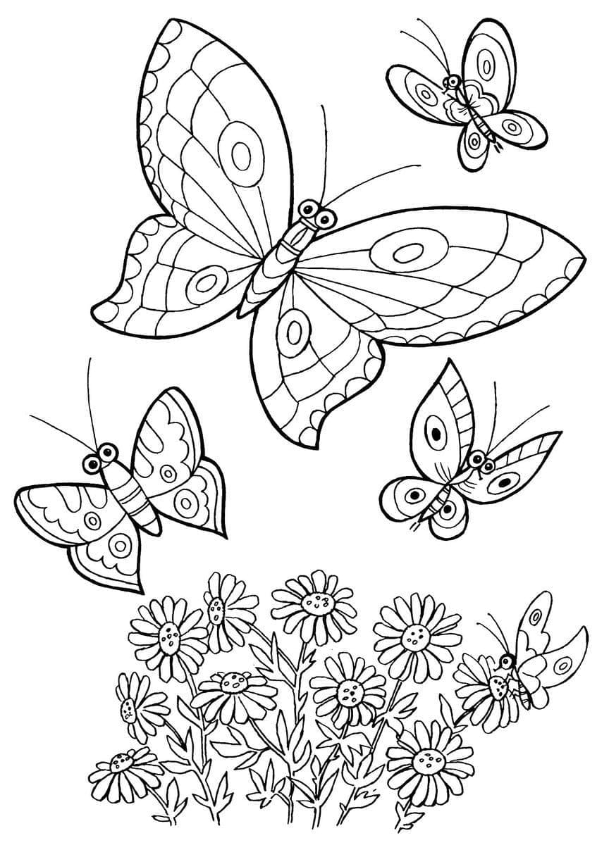 Desenho de Borboletas e Flores para Colorir