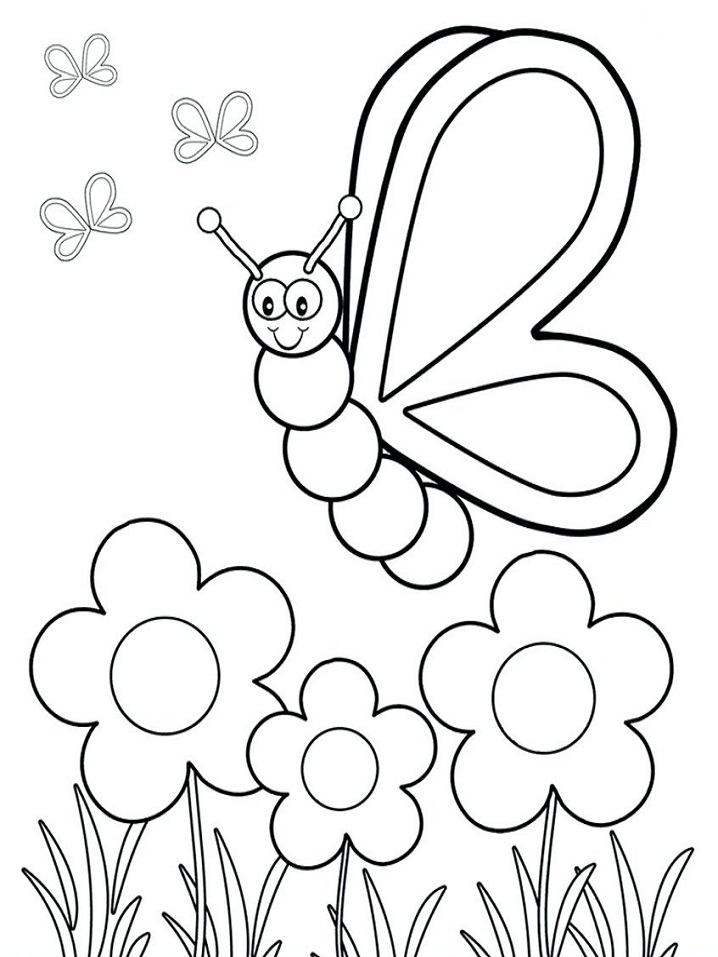 Desenho de Linda Borboleta Voando no Jardim com Flores para Colorir Grátis