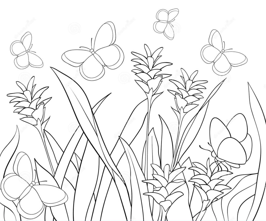 Desenho Pdf de Muitas Borboletas Voando em Jardim Florido para Pintar
