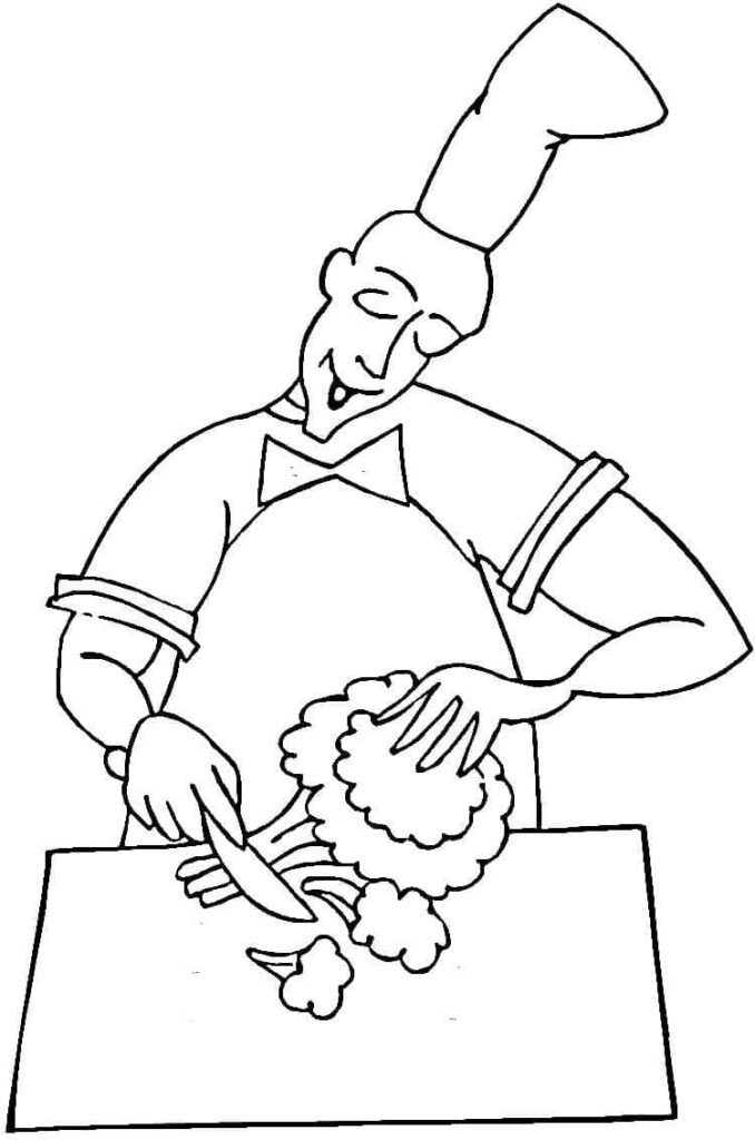 Desenho de Chef Cortando Brocolis para Colorir