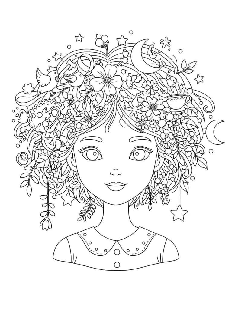 Desenho de Menina e Cabelo Maluco para Colorir
