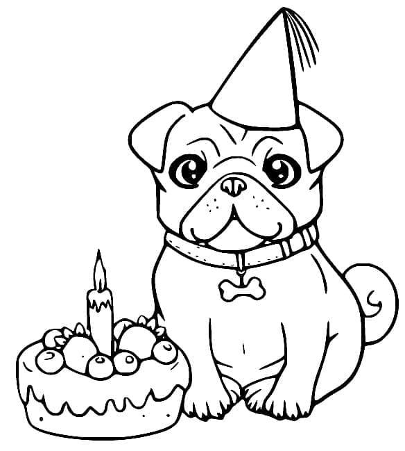 Desenho de Pug e Bolo de Aniversário para Colorir