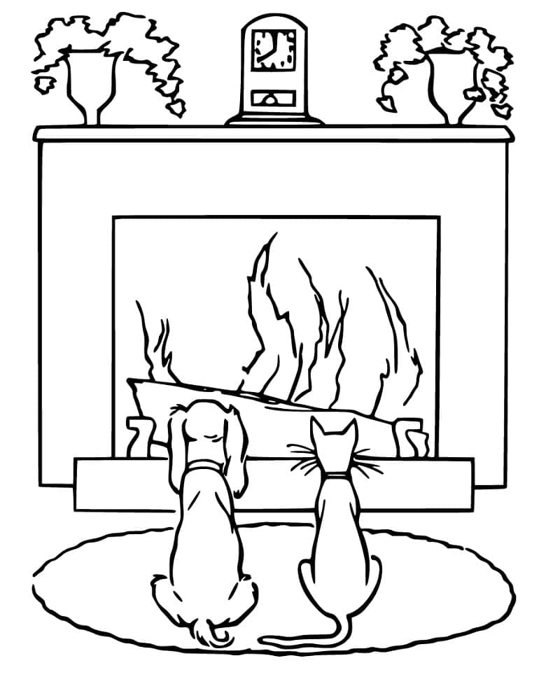 Desenho de Gato e Cachorro Perto da Lareira para Colorir
