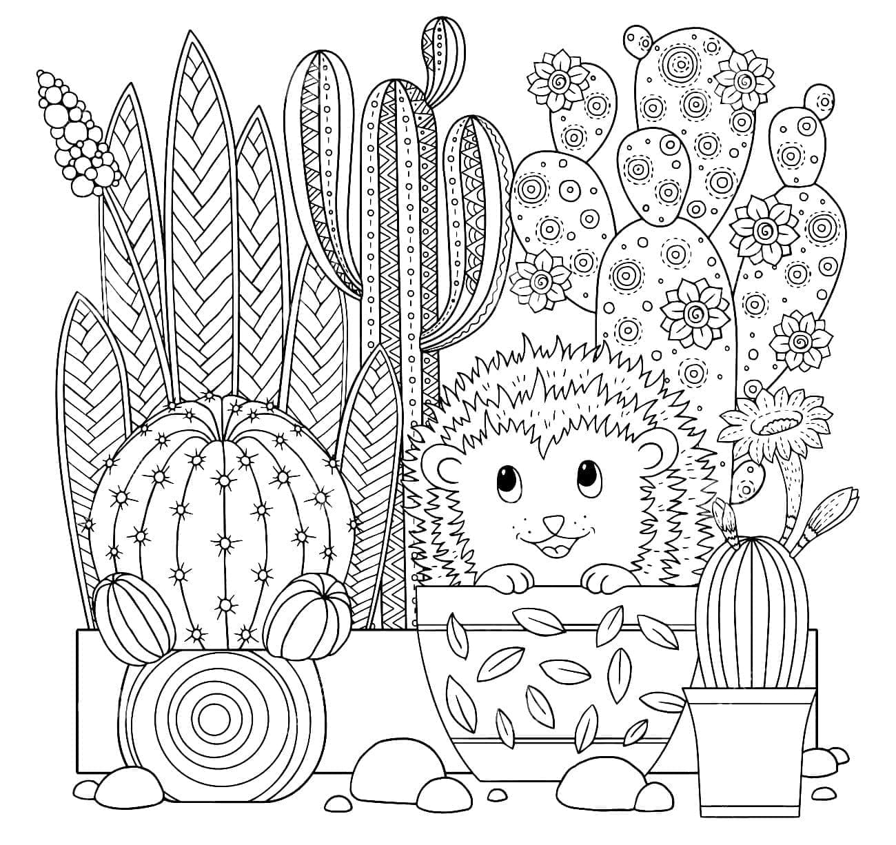 Desenho de Ouriço e Cactos para Colorir