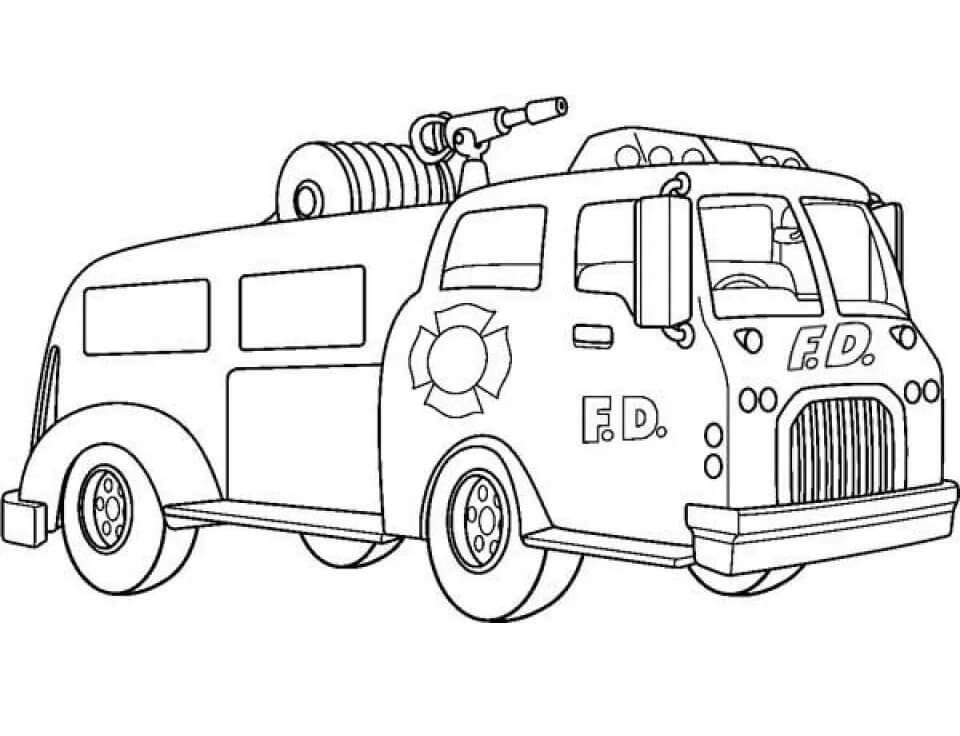 Desenho de Caminhão de Bombeiros com Sirene para Colorir e Imprimir
