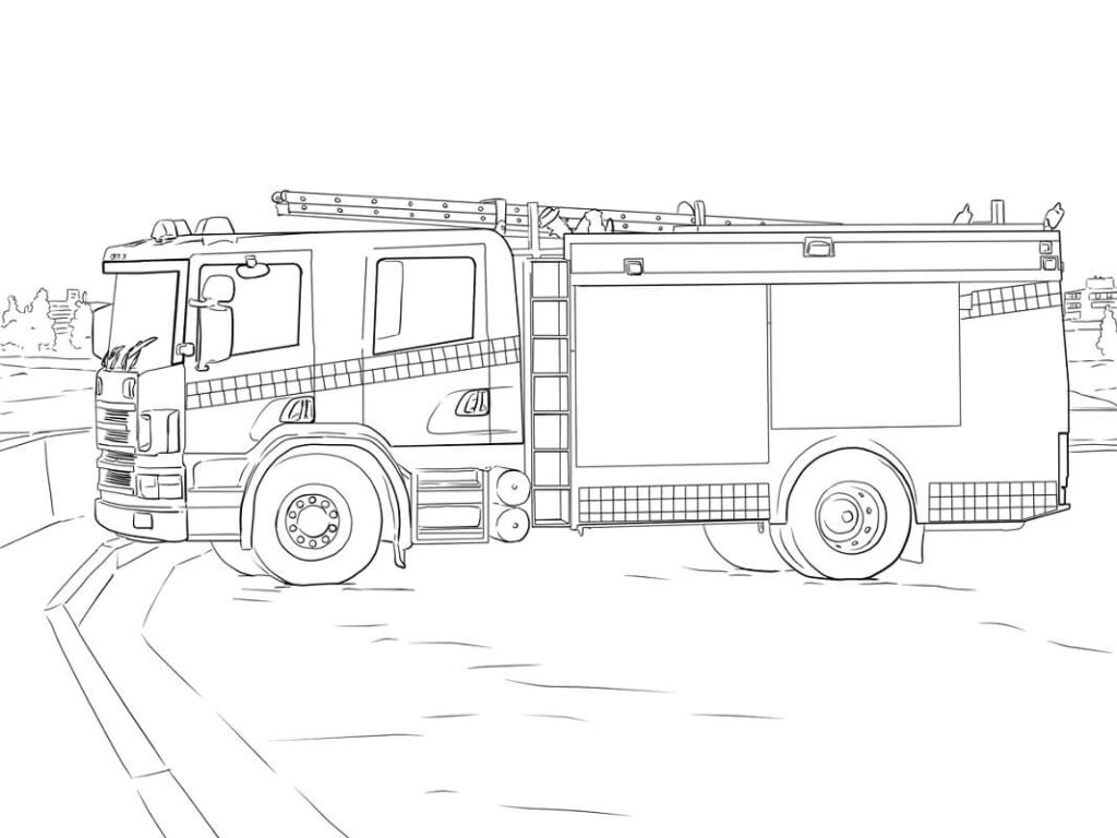 Desenho de Caminhão de Bombeiros em Ação para Colorir e Imprimir