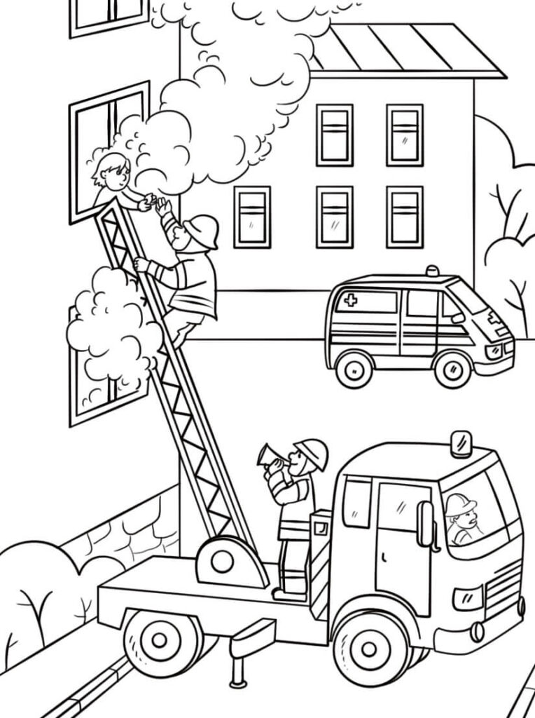 Desenho de Caminhão de Bombeiros no Combatê ao Fogo para Colorir e Imprimir