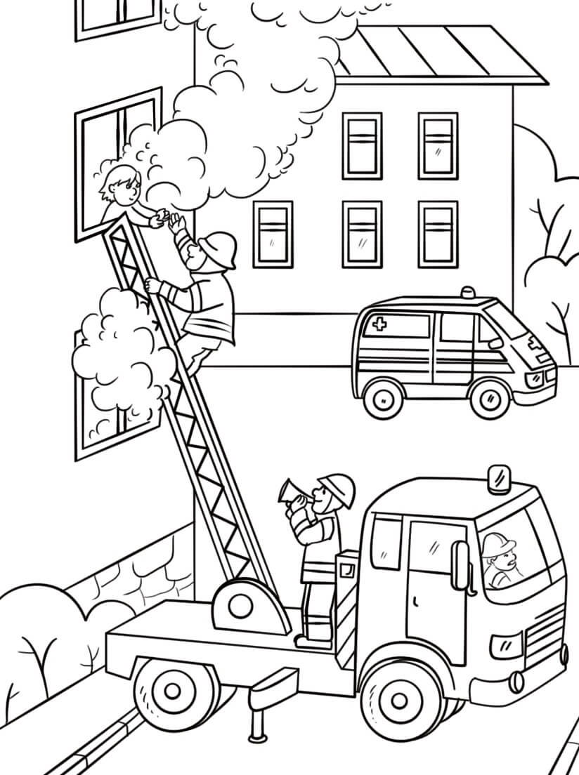 Desenho de Caminhão de Bombeiros no Combatê ao Fogo para Colorir e Imprimir