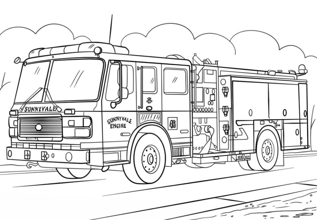 Desenho de Caminhão de Bombeiros Realista para Colorir e Imprimir