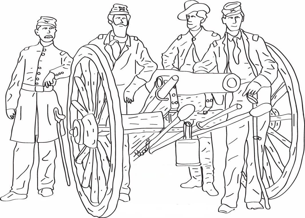 Desenho de Soldados e um Canhão para Colorir