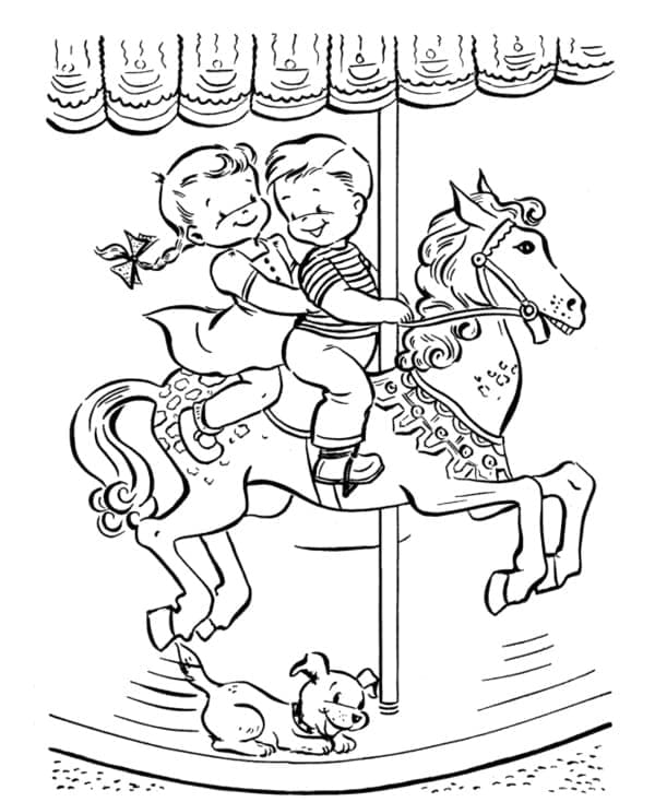 Desenho de Crianças no Carrossel para Colorir