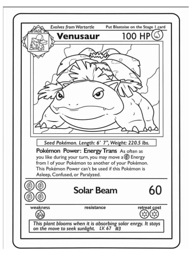 Desenho de Carta Pokemon Venusaur para Colorir