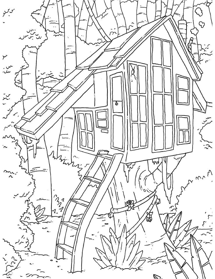 Desenho de Casa na Árvore com Balanço para Colorir