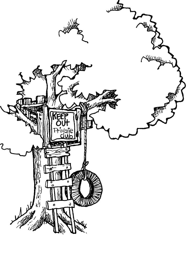 Desenho de Casa na Árvore com Escada para Colorir