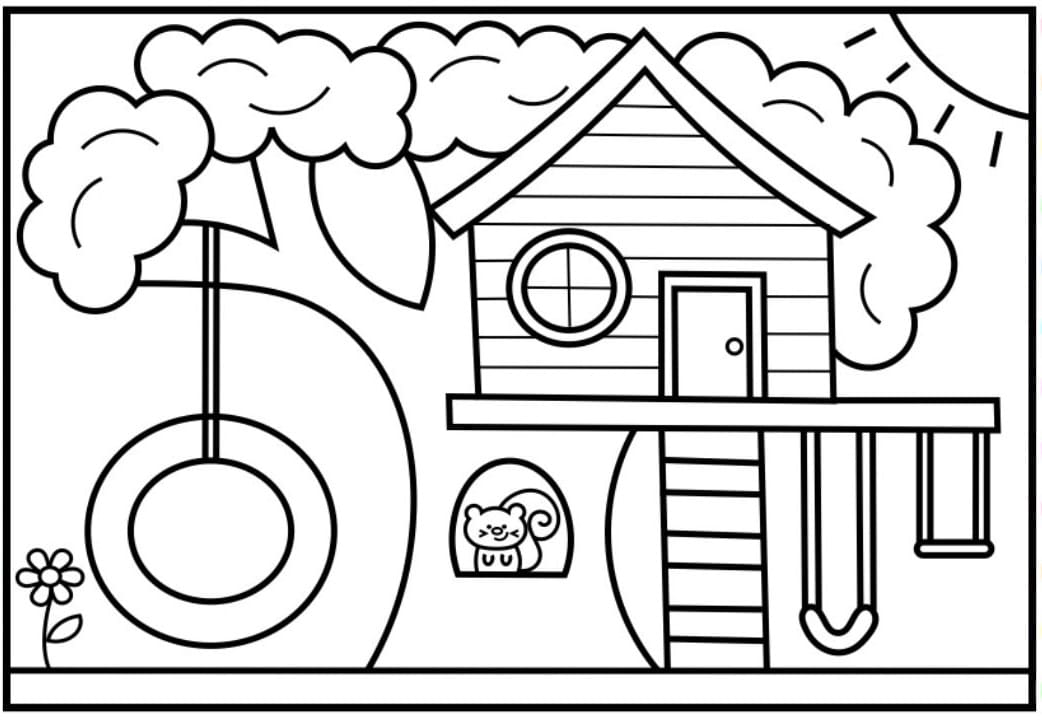 Desenho de Casa na Árvore Simples para Imprimir