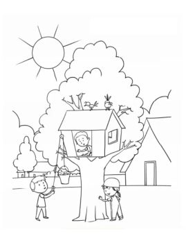 Desenho de crianças e casa na árvore para Colorir