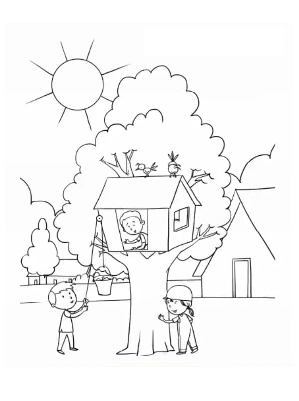 Desenho de Crianças e Casa na Árvore para Colorir