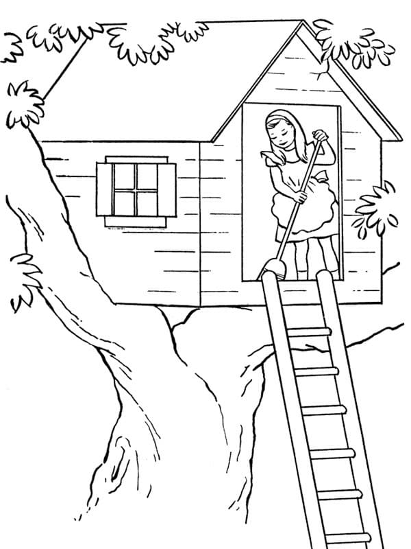 Desenho de Menina e Casa na Árvore para Colorir