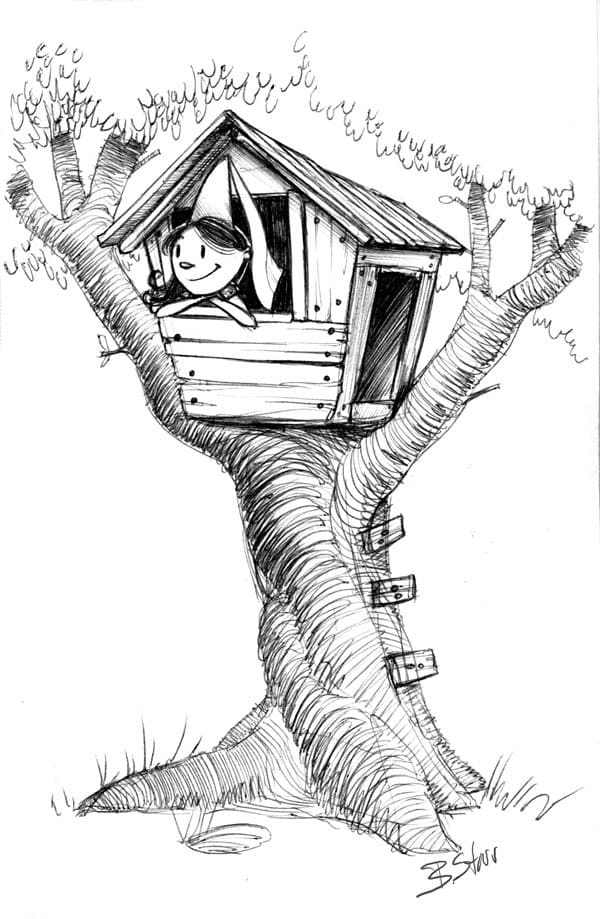 Desenho de Menina na Casa da Árvore para Colorir