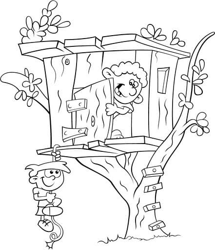 Desenho de Meninos e Casa na Árvore para Colorir