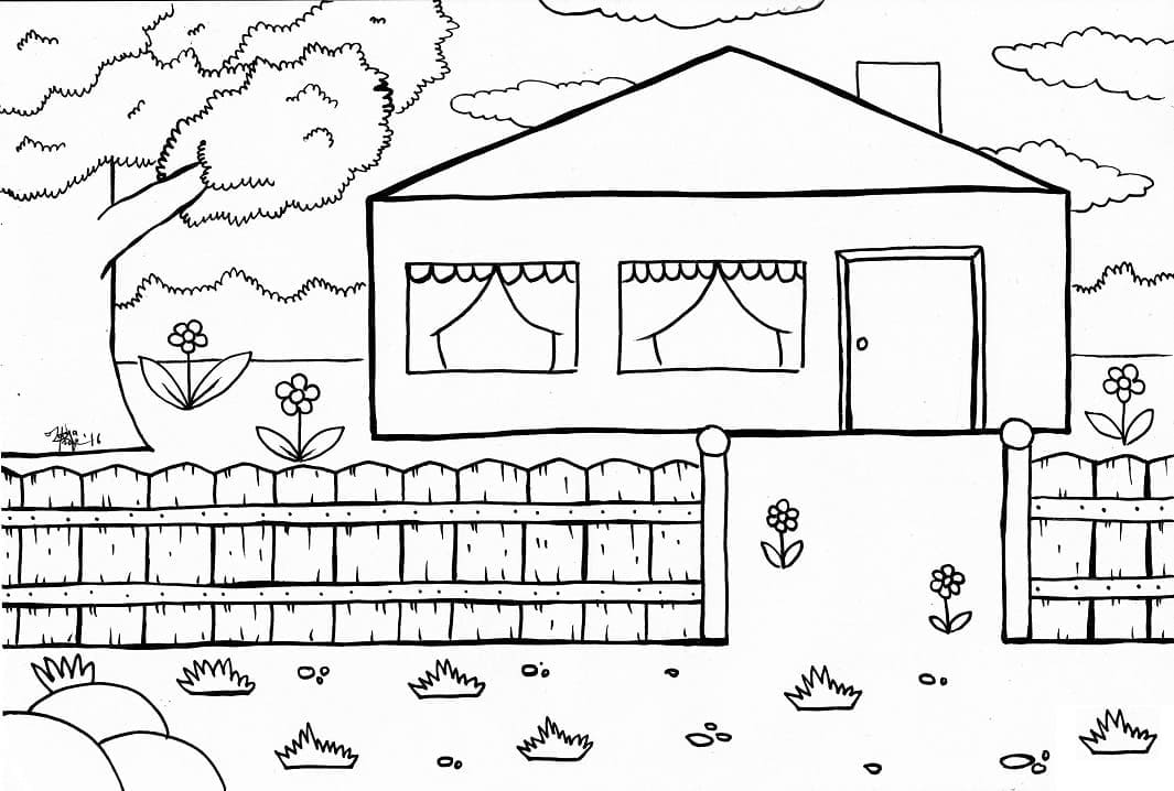 Desenho de Casa com Cercá para Colorir