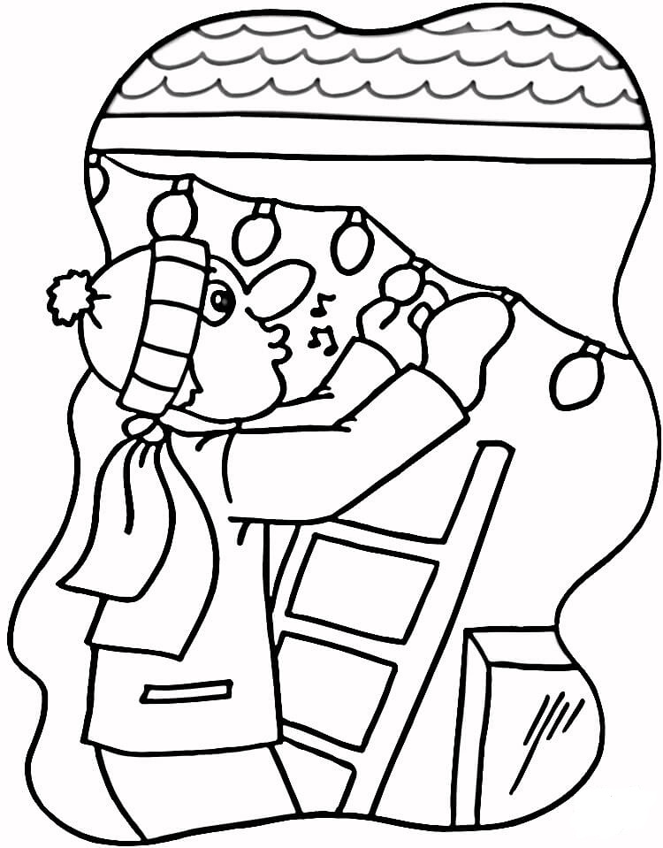 Desenho de Homem Decoranco Casa com Luzes de Natal para Colorir