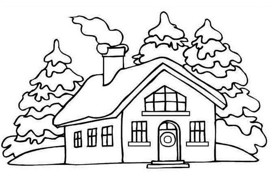 Desenho de Linda Casa no Inverno com Muita Neve para Colorir
