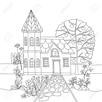 Desenho Imprimível de casa com Jardim e Flores para Pintar grátis