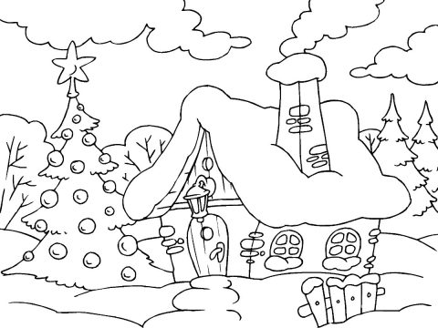 Desenho Imprimível de casa Natalina com Neve para Colorir