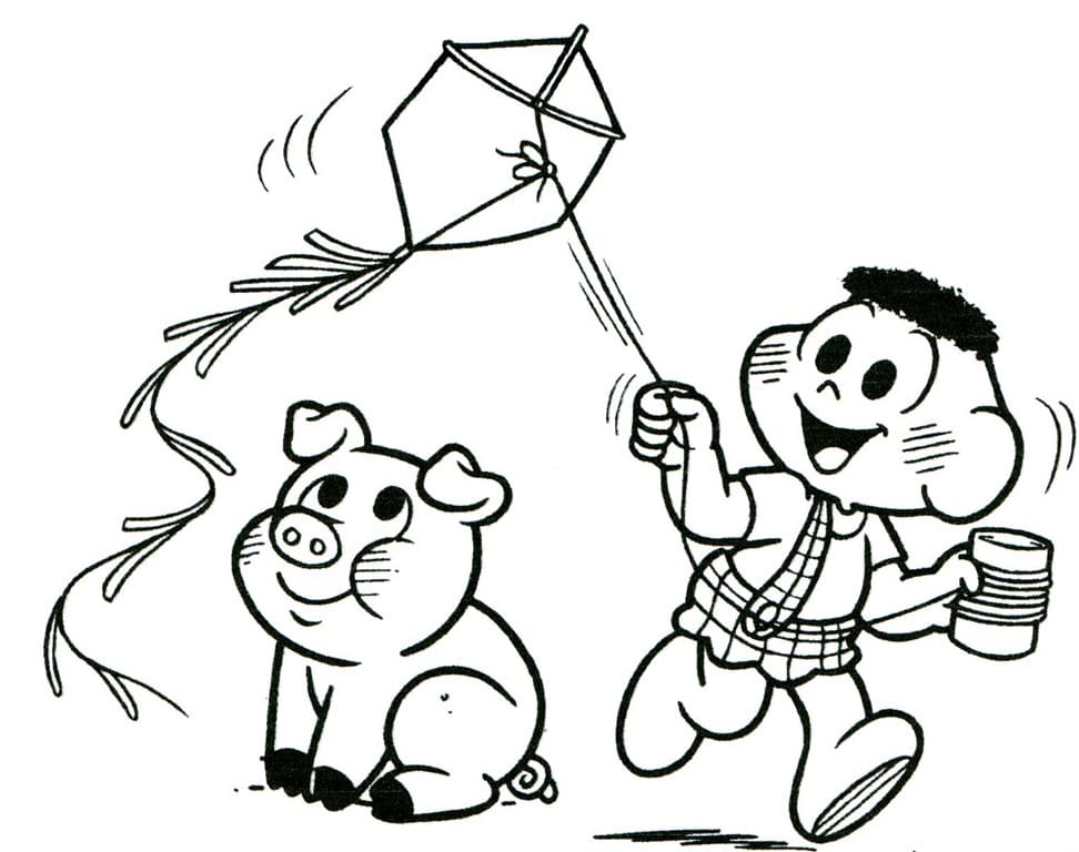 Desenho de Cascão da Turma da Monica Brincando de Pipa no Parque para Colorir