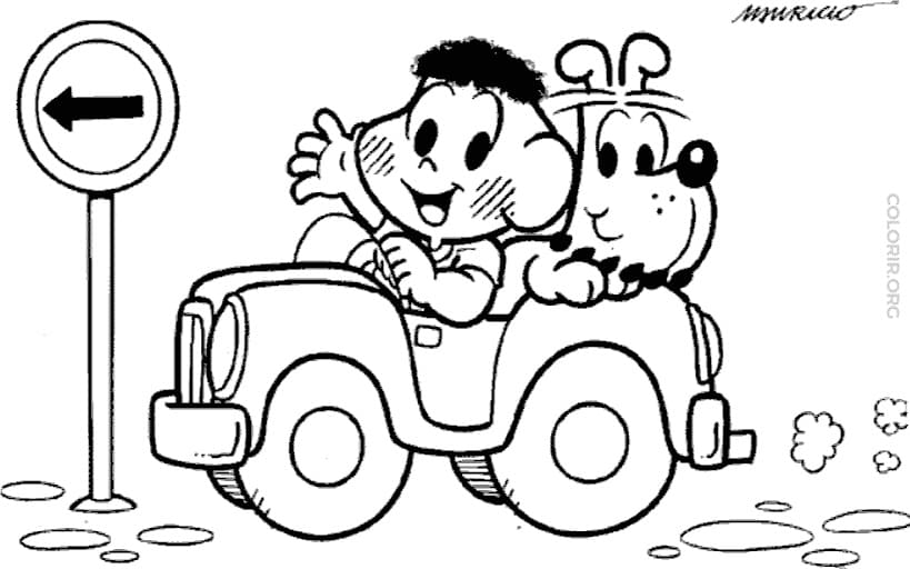 Desenho de Cascão e Bidu Passeando de Carro para Colorir