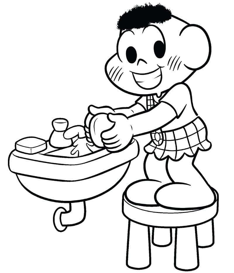 Desenho do Cascão Lavando as Mãos para Colorir