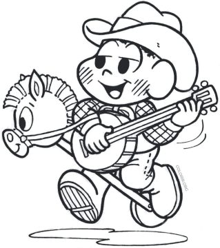 Desenho do cascão Tocando violão e Andando de Cavalo de Madeira para Colorir