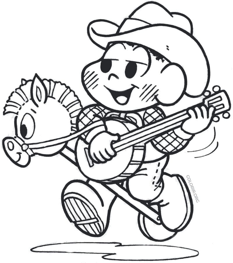 Desenho do Cascão Tocando Violão e Andando de Cavalo de Madeira para Colorir
