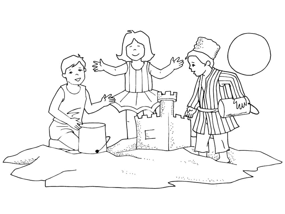 Desenho de Crianças com Castelo de Areia para Colorir
