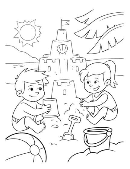 Desenho de Crianças e Castelo de Areia para Colorir