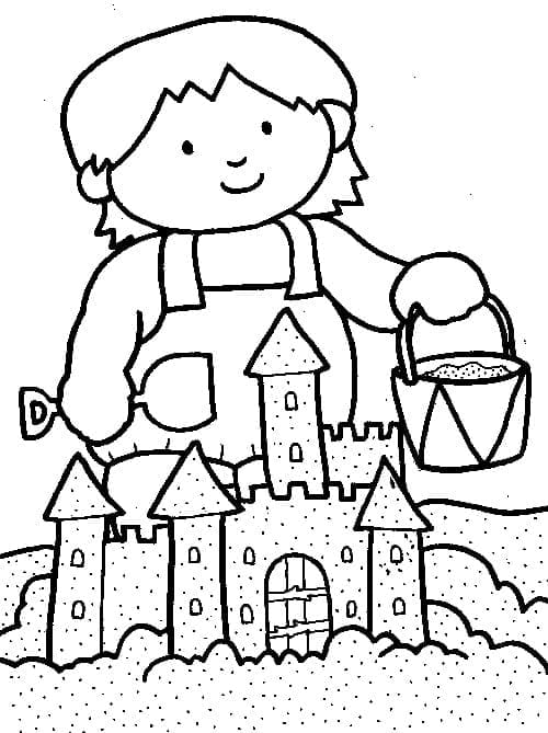 Desenho de Menina com Castelo de Areia para Colorir