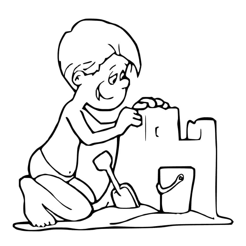 Desenho de Menino com Castelo de Areia para Colorir