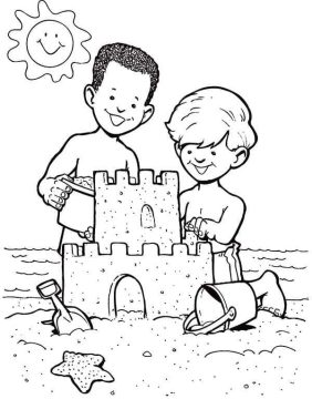 Desenho de Meninos com Castelo de Areia para Colorir