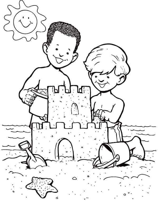 Desenho de Meninos com Castelo de Areia para Colorir
