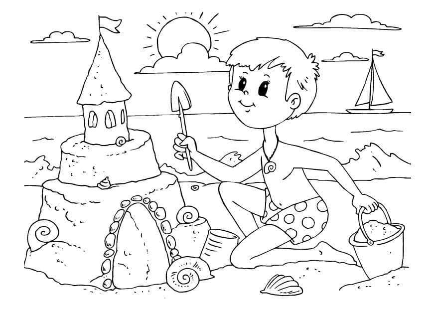 Desenho de um Menino com Castelo de Areia para Colorir