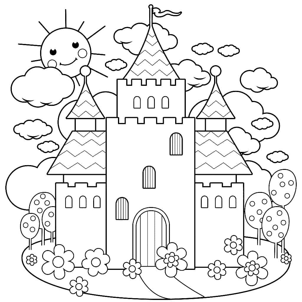 Desenho de Castelo e Sol Fofos para Colorir