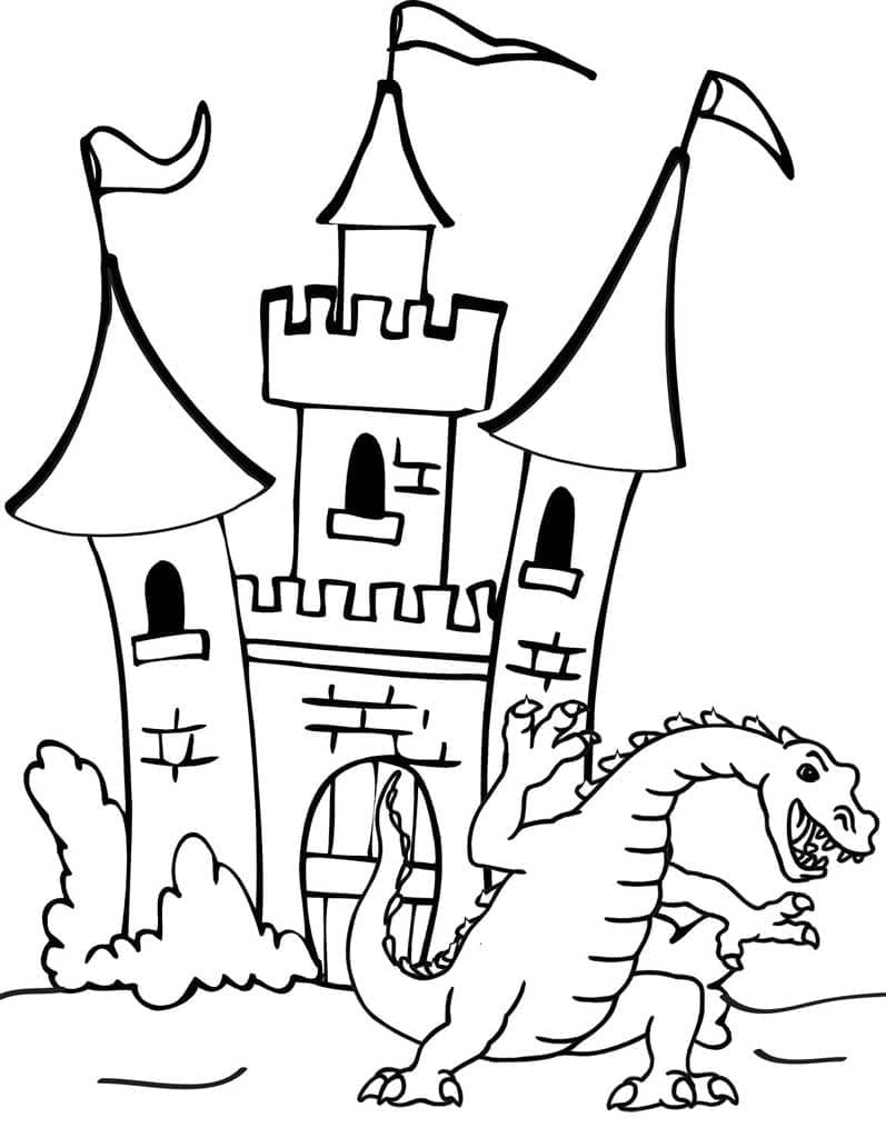Desenho de Castelo e um Dragão para Colorir