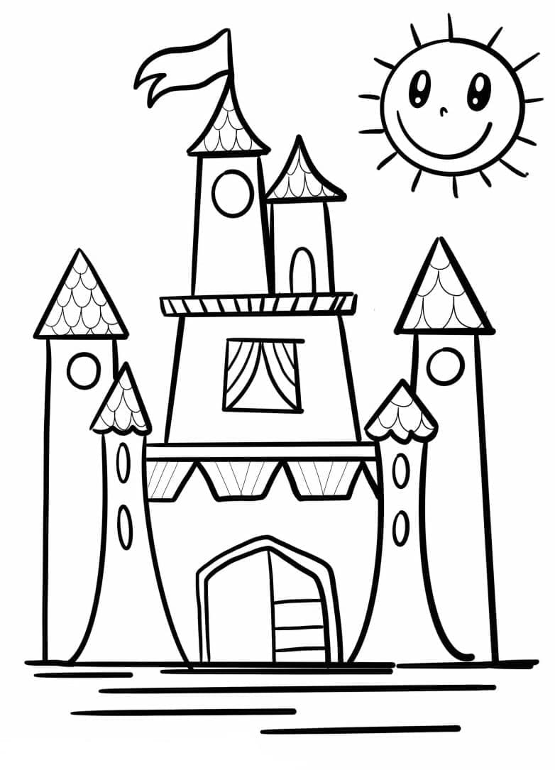 Desenho de Sol e Castelo Fofos para Colorir