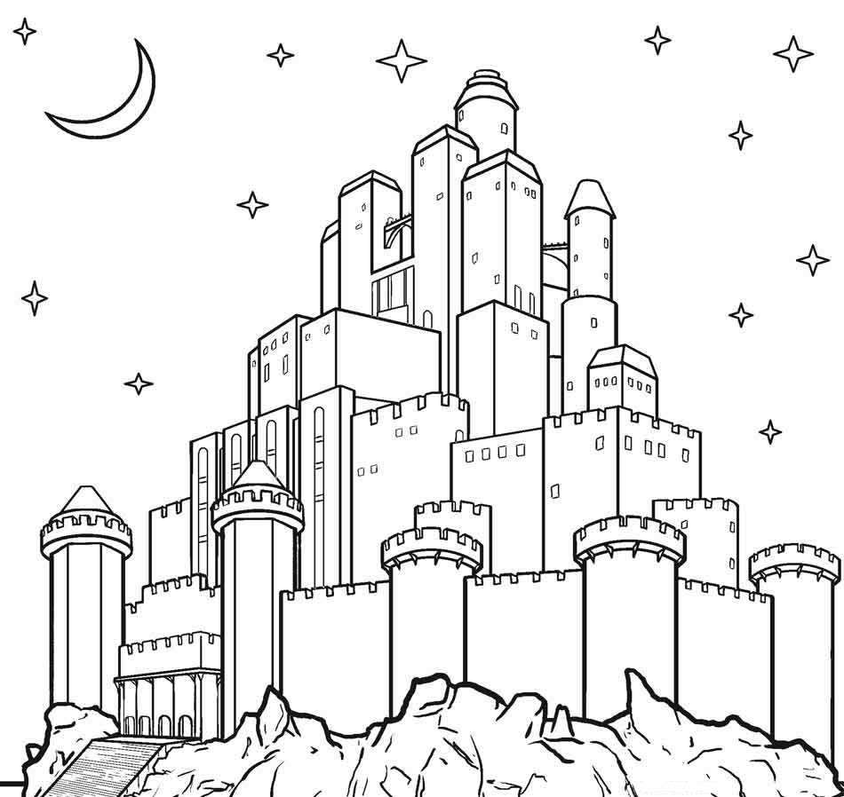 Desenho de Grande Castelo Super Protegido a Noite Imprimivel para Colorir