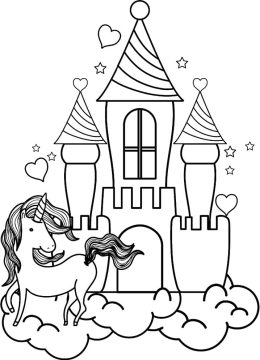 Desenho de unicórnio em Frente a Castelo para Colorir fácil Pdf