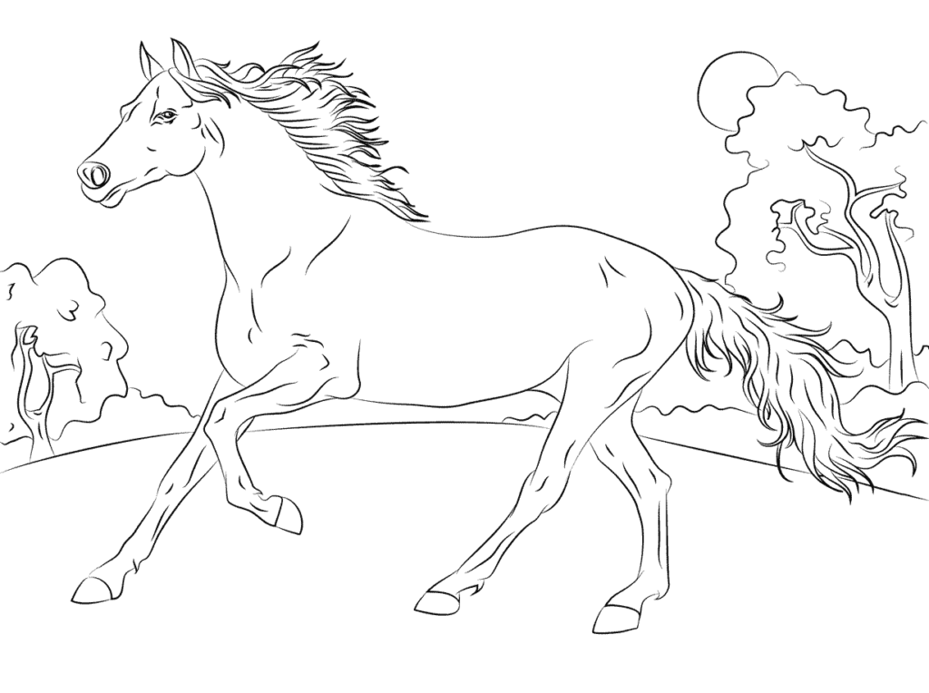 Desenho de Belo Cavalo Correndo no Campo para Baixar Grátis