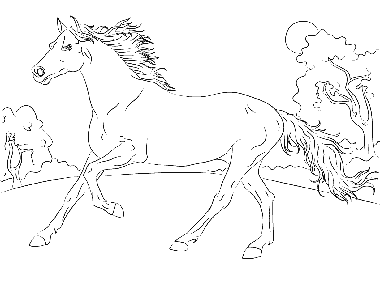 Desenho de Belo Cavalo Correndo no Campo para Baixar Grátis