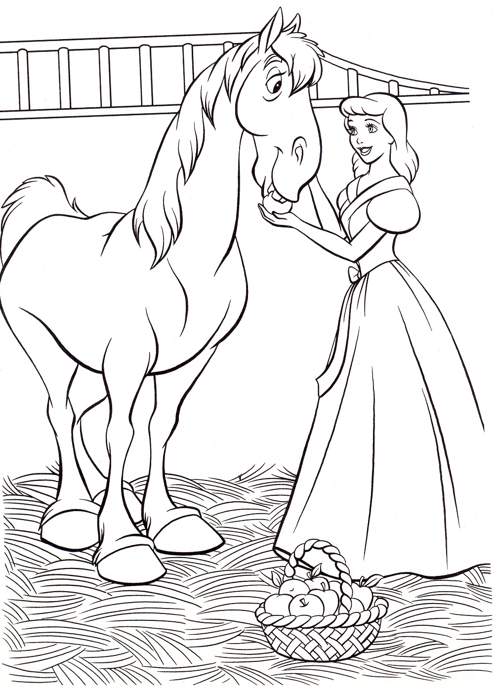 Desenho de Cinderela Alimentando Cavalo com Maçã para Colorir